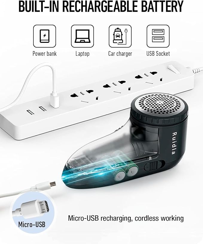 Ruidla Fabric Shaver Defuzzer, Electric Lint Remover, Rechargeable Sweater Shaver with Stainless Steel 3-Leaf Blades, Dual Protection, Removable Bin, Easy Remove Fuzz, Lint, Pills, Bobbles
