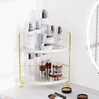 FSyueyun 2-Tier Corner Bathroom Counter Organizer, Tool-Less Installation Vanity Shelf Small Plastics Countertop Makeup Tray Skincare Perfume Organizers (Gold)
