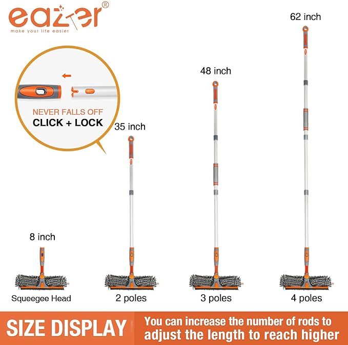 Eazer Squeegee Window Cleaner Tool, 2 in 1 Rotatable Window Cleaning Squeegee Kit with Extension Pole, 62'' Window Washing Kit, Bendable Head for Car Glass - 2 Scraper