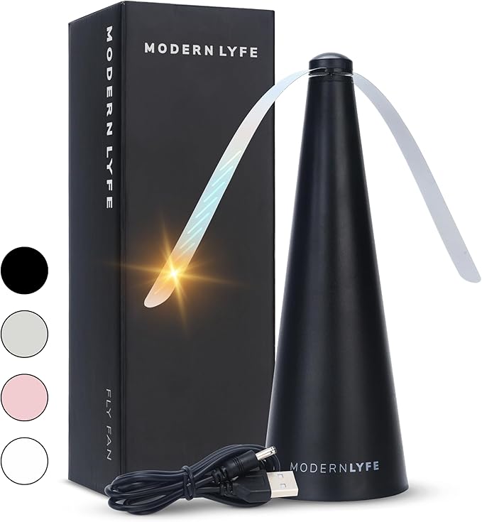 Fly Fans for Tables by Modern Lyfe - AA Battery & USB Powered - Fly Swatter Outdoor Camping Accessory Or for Food at Parties, Restaurants & Picnics, Bug Fan, Spinner Keeps Flies Away (1 Pack - Black)