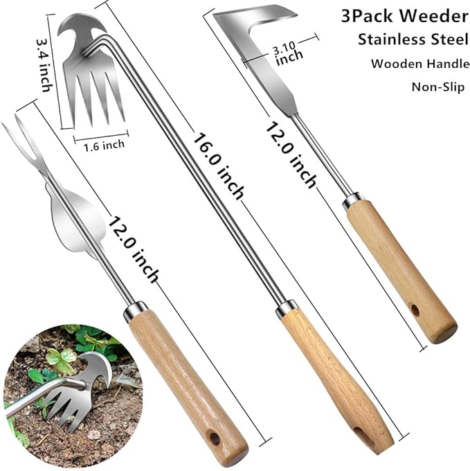 3 Pack Stainless Steel Weeder Puller Tool,Patio Crack Weeder for Cracks,Pavers,Driveways,Moss Removal,Crevice Weeding Digger Tool,Uprooting Weeding Tool for Planting,Weeding