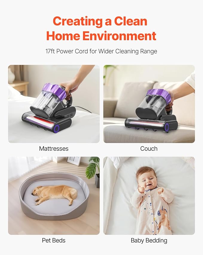 VEVOR Mattress Vacuum Cleaner, 550W Bed Vacuum Cleaner with 18Kpa Powerful Suction and Dual Dust Bin, HEPA Filter & Heating, Ultrasound Tech & Cleaning Lights, Handheld for Bed, Sofa, Corded, Gray