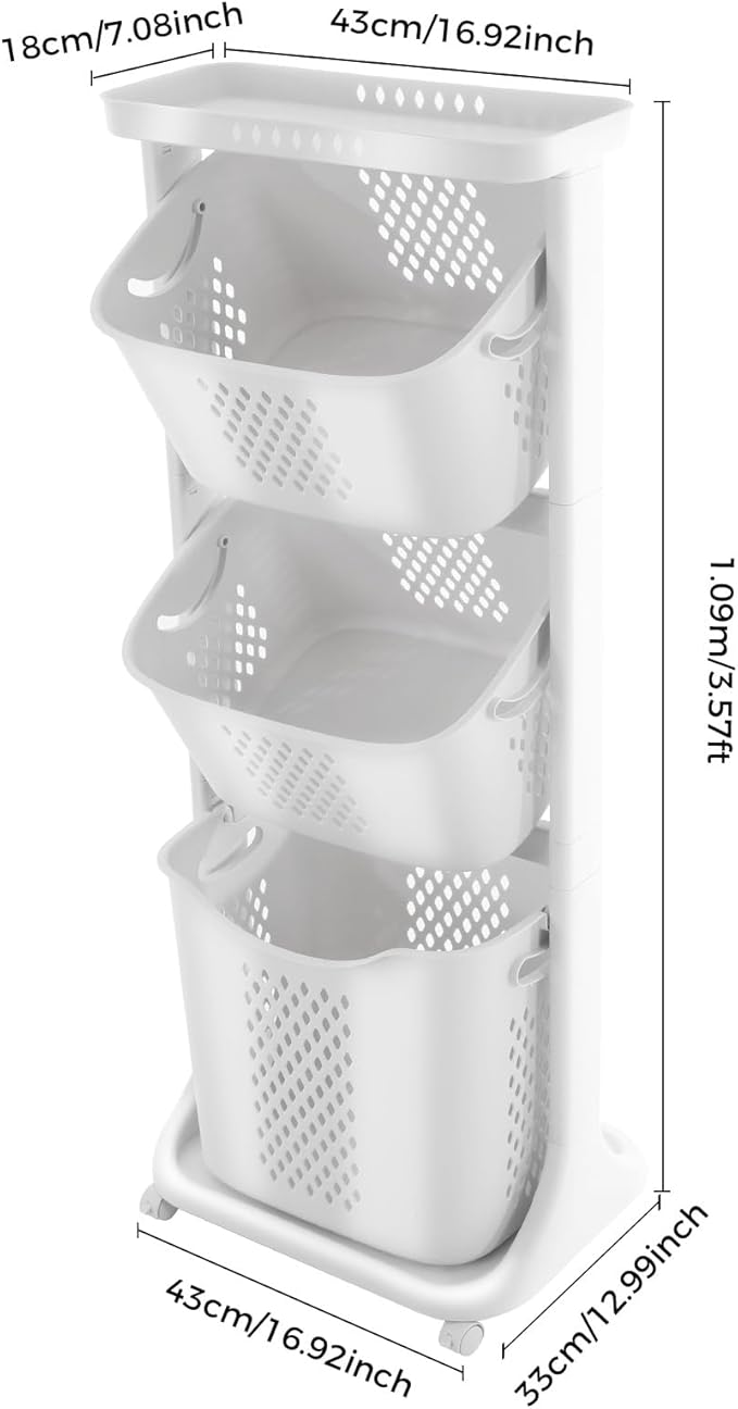 GOSHET Laundry Basket, 3 Tier Sorter Clothes Storage Hampe Organizer Shelf Rolling Cart With 4 Wheels 55.12lbs Load White For Kitchens, Bathrooms, Bedrooms, Dormitories, Classrooms, Laundry Rooms