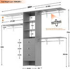 iSunirm 8FT Closet System, 96'' Closet Organizer System with 3 Hanging Rods, Wall Mount Bedroom Wardrobe with 3 Drawers Walk-in Closet, Adjustable Cloth Garment Rack from 5 to 8FT (Cut to Fit), Grey