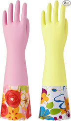Bamllum 2 Pairs Rubber Cleaning Gloves, Household Kitchen Dishwashing Gloves with Cotton Flocked Liner, Long Cuff 16 Inches (Yellow+Pink, Medium)