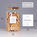 1 Gallon Large Glass Cookie jar with Airtight Acacia lids - Thicken Big Food Storage Containers with 42 Kitchen Waterproof Pantry Labels Preprinted - Clear Glass Canister for Flour, Rice, Coffee