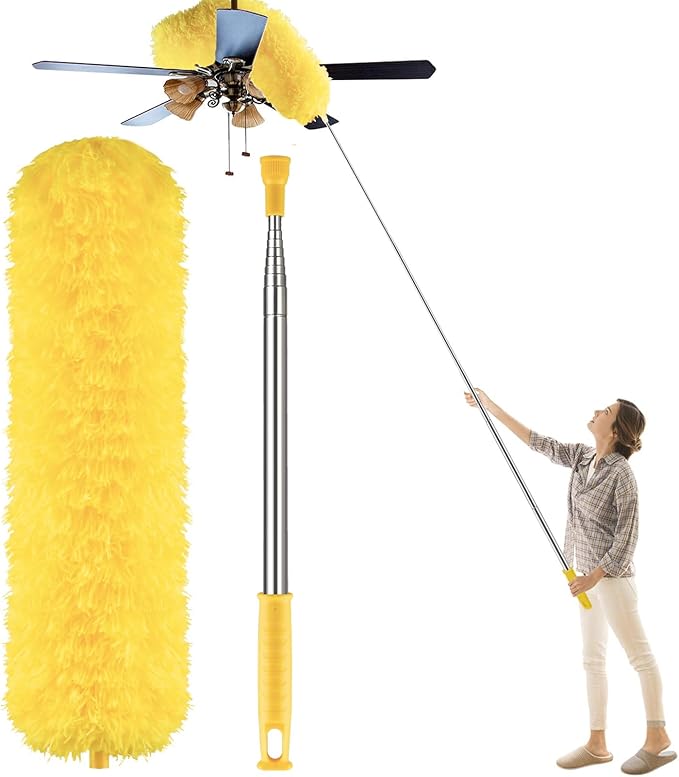 Dusters for Cleaning High Ceiling Fan, Newliton Microfiber Feather Duster with 30'' to 100'' Telescoping Extension Pole, Long Extendable Duster for Home Car Furniture Cobweb, Yellow
