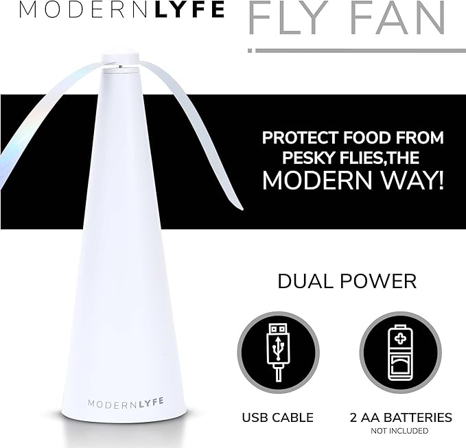Fly Fans for Tables by Modern Lyfe - AA Battery & USB Powered - Fly Swatter Outdoor Camping Accessory Or for Food at Parties, Restaurants & Picnics, Bug Fan, Spinner Keeps Flies Away (1 Pack - White)