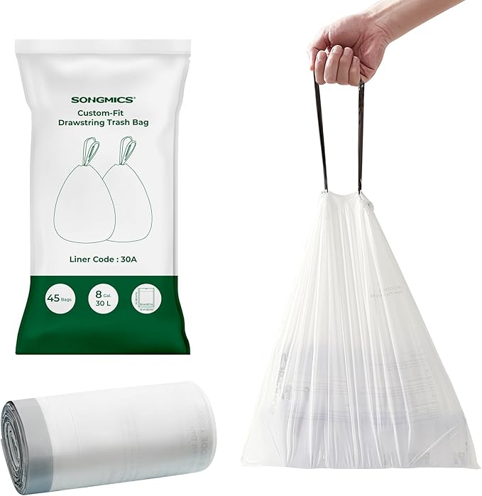 SONGMICS Trash Bags for 8-Gallon (30 L) Trash Cans, Drawstring Kitchen Garbage Bags, Pre-Separated, Liner Code 30A, 1 Roll, 45 Count, White UKRB30A