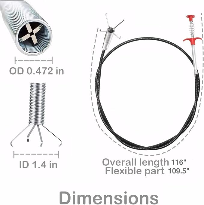 116 inch Drain Snake Grabber Claw Pickup Tool Drain Hair Remover Tool Sewer Cleaner Hook Long Grabber Drain Tool Home Sink And Toilet Drain Cleaner Tool