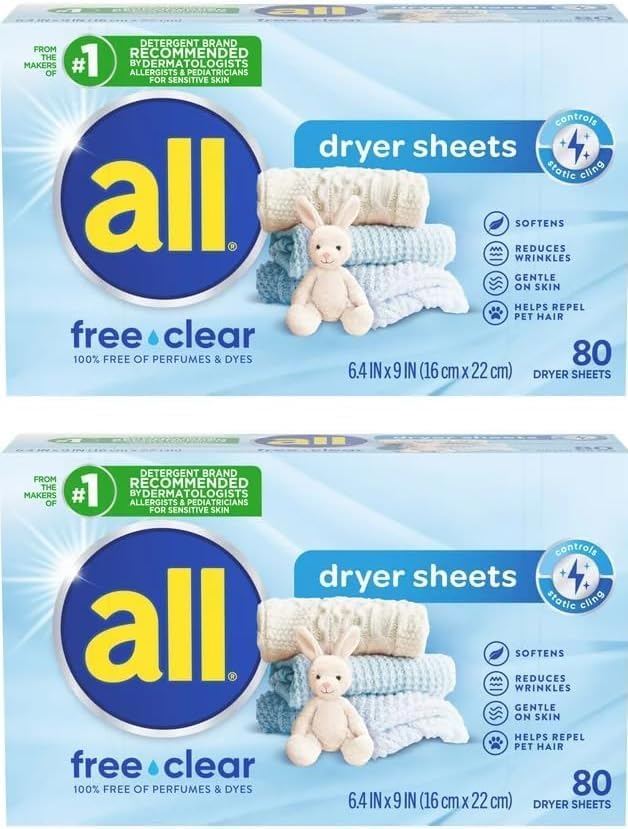 All Free Clear Dryer Sheets for Sensitive Skin, Fabric Softener Sheets, 80 Count, 2 Pack (160 Total)