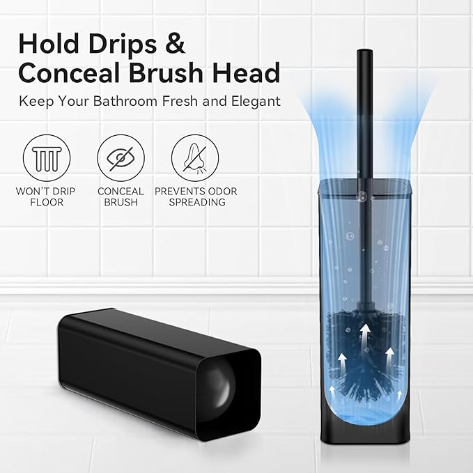 DOWRY Toilet Bowl Brush and Holder for Bathroom, Deep Cleaning Toilet Brush and Holder Set with Long Handle, Hidden Toilet Bowl Brush with Replaceable Head,Modern Decor Black Square 2PCS