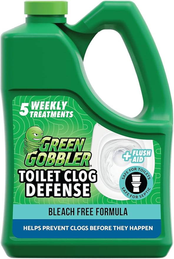 Green Gobbler Toilet Clog Defense - Coats Pipes to PREVENT Toilet Clogs and Improves Flush Performance - Safe for Septic - Great for Old Plumbing, Low & Slow Flow Toilets, 5 Treatments, 64 oz