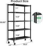 PXRACK Metal Shelving for Storage, 5 Tier Adjustable Kitchen Storage Shelves with Wheels, Shelving Unit Bookshelf Utility Shelf Metal Storage Rack for Garage Pantry Closet Laundry, 35.8"x13"x59.65"