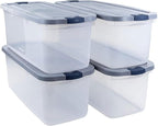 Rubbermaid Roughneck Clear 95 Qt/23.75 Gal Storage Containers, Pack of 4 with Latching Grey Lids, Visible Base, Sturdy and Stackable, Great for Storage and Organization
