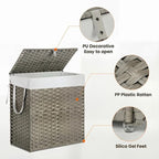 Laundry Hamper with Lid, 110L Foldable Laundry Basket with Removable Liner Bags, Handwoven Synthetic Rattan Clothes Hamper for Bathroom, Bedroom, Laundry Room, Grey
