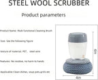 Soap Dispensing Dish Brush Cleaning Steel Wool Scrubber for Dishes Pans Kitchen Sink Bathtub Tile and Household