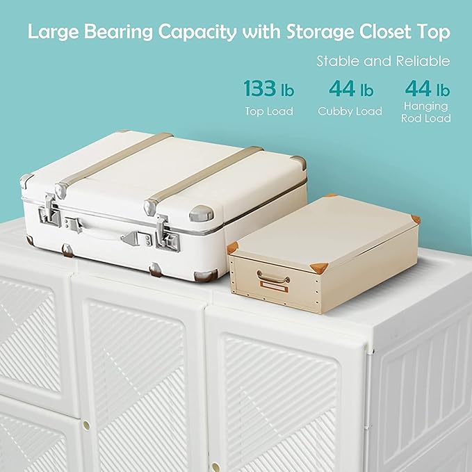 Tangkula Portable Closet Wardrobe, Foldable Clothes Organizer with Cubby Storage, Hanging Rods, Easy Assemble Clothing Storage with Magnet Doors, Folding Bedroom Armoire (8 Cubbies & 2 Rods)