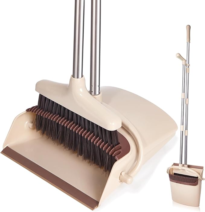 Broom and Dustpan Set with Long Handle, Light Weight Stainless Steel Poles Stand Upright Dustpans with Broom Combo for Home Kitchen Office Pet Dog Hair, Brown & Beige Color, 1-Pack