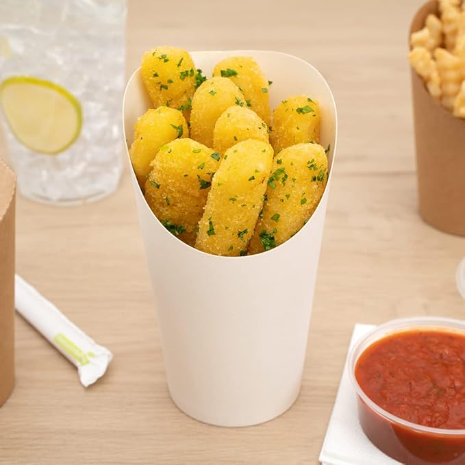 Restaurantware Bio Tek 16 Ounce French Fry Containers 100 Disposable Charcuterie Cups - Incline Design Round White Paper French Fry Cups Stackable For Waffles Chips or Popcorn