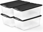 HOMZ 4-Pack Secure Latch, Clear Plastic Storage Organizer Bins, 15 Quart, Gray Lid - Stackable Container Boxes for Bedroom, Bathroom, Garage, and Office Organization