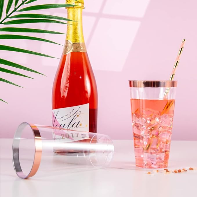 LIYH 100 Pcs Rose Gold Plastic Cups 16 oz - Clear Plastic Tumblers Rose Gold Rimmed Cups Fancy Disposable Wedding Cup Elegant Party Drinking Cup 480ml