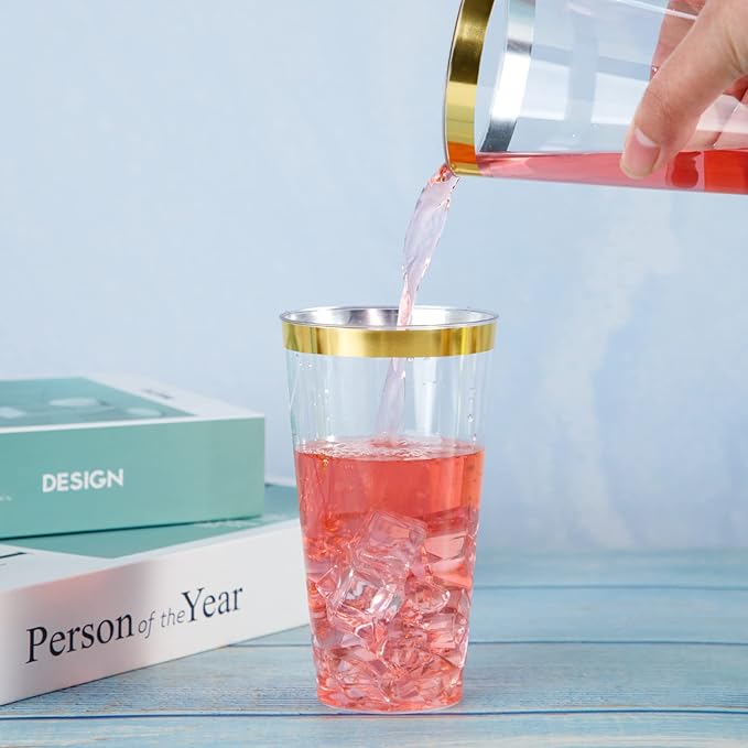 LIYH 100 Pcs Gold Plastic Cups - 16 oz Clear and Gold Rim Plastic Wine Cups, Big Size Fancy Disposable Party Cup Beverage Drinking Cup for Party & Wedding