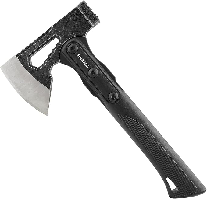 SULKADA Camping Hatchet, 10.5 Inch Survival Axe,Stainless-Steel Blade,Fiberglass Shock Reduction Handle with Anti-Slip Grip, for Chopping Wood,Gardening and Outdoor Survival,Gift for Dad Men