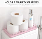 Toilet Tank Tray Organizer – Oak Wood Bathroom Counter Basket with Metal Frame, Back of Toilet or Tank Top Paper Holder Storage – Pink Modern Decor