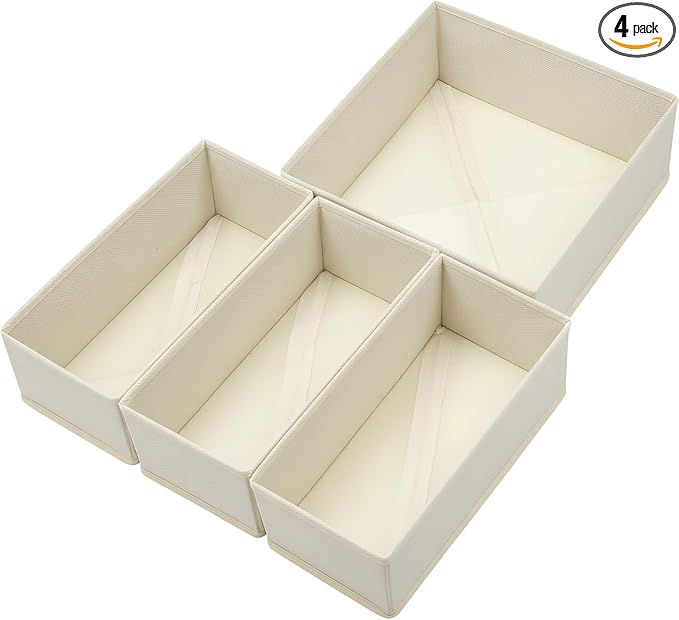 Bructhun Drawer Organizer Set of 4 Beige - Fabric Storage Bins for Clothes, Underwear, Socks & Bras - 11" Dresser Dividers for Bedroom Closet