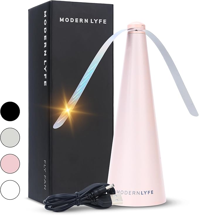 Fly Fans for Tables by Modern Lyfe - AA Battery & USB Powered - Fly Swatter Outdoor Camping Accessory Or for Food at Parties, Restaurants & Picnics, Bug Fan, Spinner Keeps Flies Away (1 Pack - Pink)