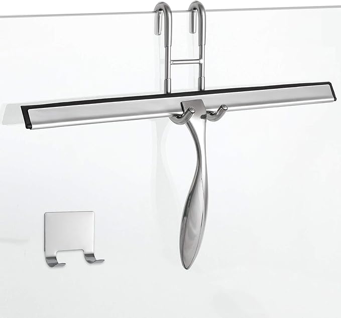 Simtive 14-Inch Shower Squeegee Set, Includes Shower Door Hook and Adhesive Hook, Squeegee for Shower Doors, Mirror and Window, Silver