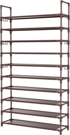 LANTEFUL Tall Shoe Rack 10 Tier Shoe Organizer Large Shoe Shelf with 18 Hooks Storage for 50 Pair Sneaker and Boot, Stackable Vertical Shoe Rack Organizer for Closet, Entryway, Bedroom, Brown