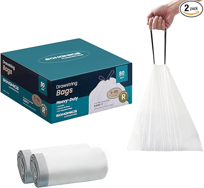 SONGMICS Trash Bags for 2.6-Gallon (10 L) Trash Cans, Drawstring Kitchen Garbage Bags, Pre-Separated, Quick-Dispense Box, Liner Code R, 2 Rolls, 80 Count, White UKRB011A02