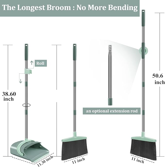Ivandar Broom and Dustpan Set for Home, Dust pan with Long Handle, Broom with Dustpan Combo Set, for Home Kitchen Room Office Lobby Floor Use Upright Stand Up Sweeping (Gray&Green)