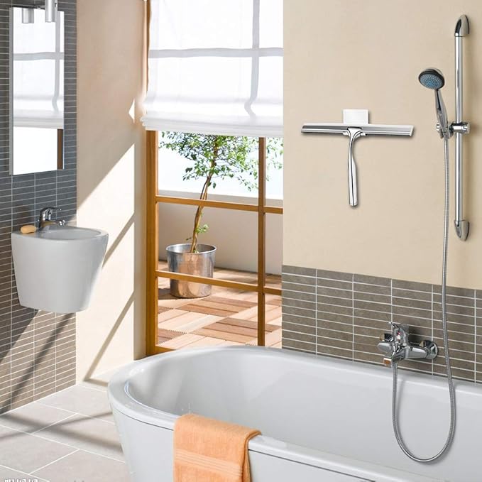 Shower Squeegees Stainless Steel with Self Adhesive Hook Window Squeegees for Shower Doors Bathroom Mirror Wiper, Window Glass Cleaning