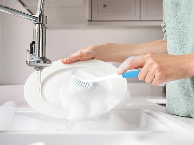 Dish Brush with Handle, Firm & Stiff Bristles Dish Scrubber for Pots, Pans & Sink Cleaning, 2 Pack