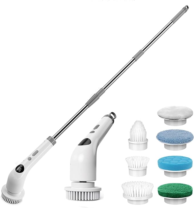 Qimedo Handheld Spin Scrubber with Extended Long Handle, Rechargeable Electric Scrubber for Cleaning, Cordless Power Dish Scrubber with 6 Brushes for Bathtub Grout Tile Floor