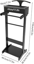 Clothing Rack, Wood Suit Clothes Stand with Drawer, Practical Freestanding Clothes Stand with Top Tray for Men, Women,Organizes Ties, Belts, Shoes, 22Ibs Capacity, Modern Black