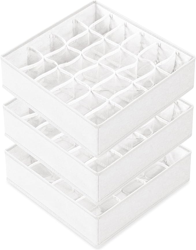 Criusia 3 Pack Sock Underwear Drawer Organizer Dividers, 64 Cell Fabric Foldable Cabinet Closet Organizers and Storage Boxes for Storing Socks, Panties, Ties (16+24+24 Cell, White)