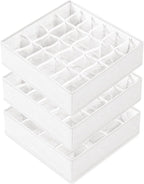 Criusia 3 Pack Sock Underwear Drawer Organizer Dividers, 64 Cell Fabric Foldable Cabinet Closet Organizers and Storage Boxes for Storing Socks, Panties, Ties (16+24+24 Cell, White)