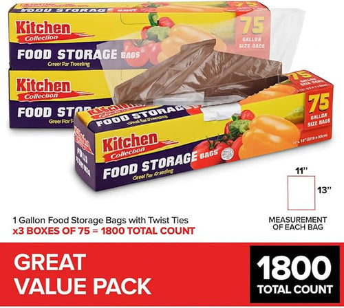 1 Gallon Food Storage Bags with Twist Ties (1800 Count) Bulk Freezer Storage Bags Gallon Size for Bread, Vegetables, Fruit, and More, Clear Disposable Twist Tie Storage Bags, Stock Your Home