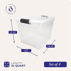 HOMZ 4-Pack 31 Quart Latching Lid, Clear Plastic Storage Organizer Bins, Gray – Stackable Containers for Home & Office Shelves, Kitchen, Garage, and Bathroom Organization