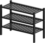 ROMGUAR CRAFT 3 Tier (Thick) Bamboo Shoe Rack for Entryway, Small Wood Shoe Shelf Storage Organizer for Closet, Shoe Stand for Hallway, Stackable and Sturdy 27"x12"x21" Black