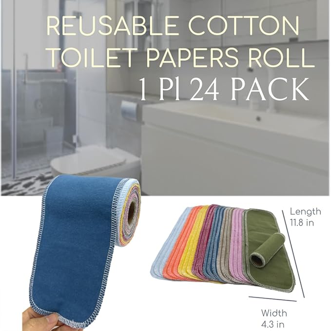 Reusable Toilet Paper Towels 24 Count Roll,Washable Absorbent Cotton Cloth Paper Bidet Towels,Zero Waste Multifunctionl Cleaning Supplies Hand Towels for Bathroom(Solid 8 Colors)