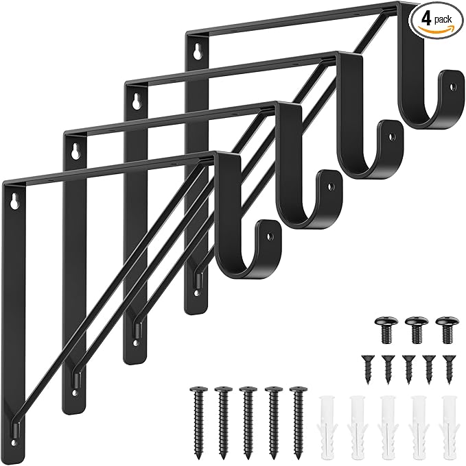 Supforce 4 Pack Closet Rod Bracket, Heavy Duty Closet Rod Support with Rod Holder, Wall Mounted Closet Shelf Brackets with Triangle Stabilizing Design for Closet, Bathroom and Kitchen, Black