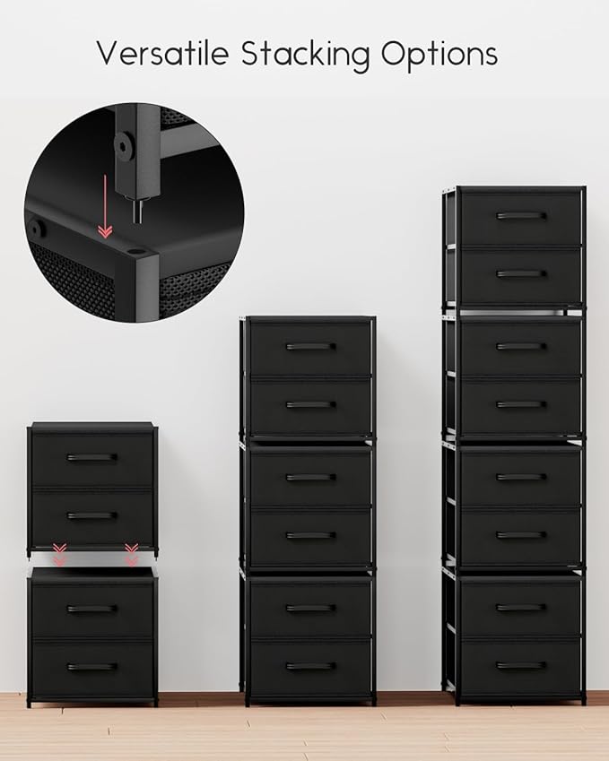 Homsorout Stackable Storage Drawers - 2 Tier Closet Drawers, Closet Organizer with Metal Handles, Night Stand with Collapsible Bins, Fabric Dresser for Bedroom, Dorm, Office, Black, 1 Pack