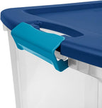 Sterilite 18 Gal Latch and Carry, Stackable Storage Bin with Latching Lid, Plastic Container to Organize Closets, Clear with Blue Lid, 6-Pack