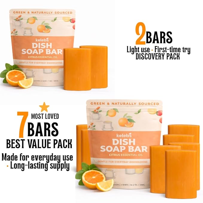KELEBS 7 Dish Soap Bars | Citrus Essential Oil Formula | Natural & Organic Ingredients | Gentle on Hands | For Plant-Based Kitchens & Light Dishwashing | Biodegradable | No Overpour | Value Pack