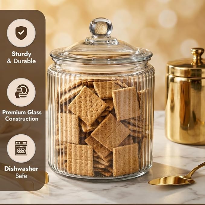 kitchentoolz 1 Gallon Ribbed Glass Cookie Jar with Lid – Ribbed Glass Jar with Lid - Airtight Food Storage Container for Cookies, Candy, Flour, Dog Treats